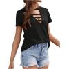 imageOYOANGLE Womens Cutout Deep V Neck Choker Tee Short Sleeve Summer Tunic Tops ShirtsBlack