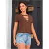 imageOYOANGLE Womens Cutout Deep V Neck Choker Tee Short Sleeve Summer Tunic Tops ShirtsBrown