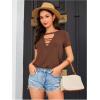 imageOYOANGLE Womens Cutout Deep V Neck Choker Tee Short Sleeve Summer Tunic Tops ShirtsBrown