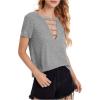 imageOYOANGLE Womens Cutout Deep V Neck Choker Tee Short Sleeve Summer Tunic Tops ShirtsLight Grey