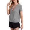 imageOYOANGLE Womens Cutout Deep V Neck Choker Tee Short Sleeve Summer Tunic Tops ShirtsLight Grey
