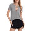 imageOYOANGLE Womens Cutout Deep V Neck Choker Tee Short Sleeve Summer Tunic Tops ShirtsLight Grey