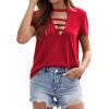 imageOYOANGLE Womens Cutout Deep V Neck Choker Tee Short Sleeve Summer Tunic Tops ShirtsRed Solid