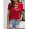 imageOYOANGLE Womens Cutout Deep V Neck Choker Tee Short Sleeve Summer Tunic Tops ShirtsRed Solid