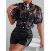 imageOYOANGLE Womens Floral Print Mesh Sheer Pearl Button Down Blouse Mock Neck Puff Short Sleeve Ruffle Trim ShirtBlack