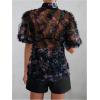 imageOYOANGLE Womens Floral Print Mesh Sheer Pearl Button Down Blouse Mock Neck Puff Short Sleeve Ruffle Trim ShirtBlack