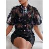 imageOYOANGLE Womens Floral Print Mesh Sheer Pearl Button Down Blouse Mock Neck Puff Short Sleeve Ruffle Trim ShirtBlack