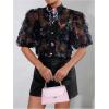 imageOYOANGLE Womens Floral Print Mesh Sheer Pearl Button Down Blouse Mock Neck Puff Short Sleeve Ruffle Trim ShirtBlack