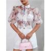 imageOYOANGLE Womens Floral Print Mesh Sheer Pearl Button Down Blouse Mock Neck Puff Short Sleeve Ruffle Trim ShirtWhite Pink