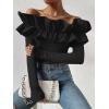 imageOYOANGLE Womens Long Sleeve Rib Knit Ruffle Off Shoulder Blouse Party Tops ShirtBlack