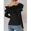 imageOYOANGLE Womens Long Sleeve Rib Knit Ruffle Off Shoulder Blouse Party Tops ShirtBlack