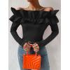 imageOYOANGLE Womens Long Sleeve Rib Knit Ruffle Off Shoulder Blouse Party Tops ShirtBlack