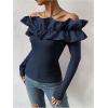 imageOYOANGLE Womens Long Sleeve Rib Knit Ruffle Off Shoulder Blouse Party Tops ShirtDark Blue