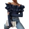 imageOYOANGLE Womens Long Sleeve Rib Knit Ruffle Off Shoulder Blouse Party Tops ShirtDark Blue
