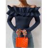 imageOYOANGLE Womens Long Sleeve Rib Knit Ruffle Off Shoulder Blouse Party Tops ShirtDark Blue