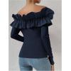 imageOYOANGLE Womens Long Sleeve Rib Knit Ruffle Off Shoulder Blouse Party Tops ShirtDark Blue
