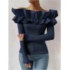 imageOYOANGLE Womens Long Sleeve Rib Knit Ruffle Off Shoulder Blouse Party Tops ShirtDark Blue
