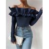 imageOYOANGLE Womens Long Sleeve Rib Knit Ruffle Off Shoulder Blouse Party Tops ShirtDark Blue