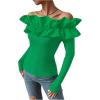 imageOYOANGLE Womens Long Sleeve Rib Knit Ruffle Off Shoulder Blouse Party Tops ShirtGreen