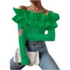 imageOYOANGLE Womens Long Sleeve Rib Knit Ruffle Off Shoulder Blouse Party Tops ShirtGreen