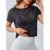 imageOYOANGLE Womens Mesh Sheer Striped Athletic Shirts Short Sleeve Crew Neck Workout Tops See Through Gym TopBlack