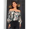 imageOYOANGLE Womens Off Shoulder High Low Tunic Tops Allover Print Long Puff Sleeve BlouseBlack Multi