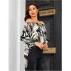 imageOYOANGLE Womens Off Shoulder High Low Tunic Tops Allover Print Long Puff Sleeve BlouseBlack Multi