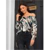 imageOYOANGLE Womens Off Shoulder High Low Tunic Tops Allover Print Long Puff Sleeve BlouseBlack Multi