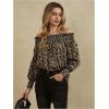 imageOYOANGLE Womens Off Shoulder High Low Tunic Tops Allover Print Long Puff Sleeve BlouseBrown