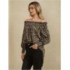 imageOYOANGLE Womens Off Shoulder High Low Tunic Tops Allover Print Long Puff Sleeve BlouseBrown