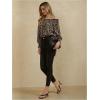 imageOYOANGLE Womens Off Shoulder High Low Tunic Tops Allover Print Long Puff Sleeve BlouseBrown
