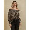imageOYOANGLE Womens Off Shoulder High Low Tunic Tops Allover Print Long Puff Sleeve BlouseBrown