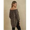 imageOYOANGLE Womens Off Shoulder High Low Tunic Tops Allover Print Long Puff Sleeve BlouseBrown