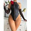 imageOYOANGLE Womens One Piece Bodysuits Zipper Up Sleeveless Pu Leather Halter Bodysuit Tops with Arm SleevesBlack
