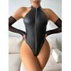imageOYOANGLE Womens One Piece Bodysuits Zipper Up Sleeveless Pu Leather Halter Bodysuit Tops with Arm SleevesBlack