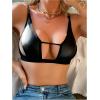 imageOYOANGLE Womens PU Leather Contrast Mesh Cut Out Bras Wireless Unlined Plunge Bralettes Cami TopBlack