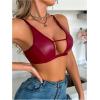 imageOYOANGLE Womens PU Leather Contrast Mesh Cut Out Bras Wireless Unlined Plunge Bralettes Cami TopBurgundy