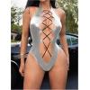 imageOYOANGLE Womens PU Leather Criss Cross Lingerie Halter Bodysuit Cut Out Backless Rave Body SuitsSilver