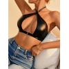imageOYOANGLE Womens Pu Leather Lingerie Crisscross Cut Out Halter Bralette No Padded Backless BraBlack
