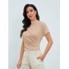 imageOYOANGLE Womens Ruched Draped Front Mock Neck Short Sleeve Solid Tee Shirt TopApricot