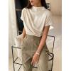 imageOYOANGLE Womens Ruched Draped Front Mock Neck Short Sleeve Solid Tee Shirt TopBeige