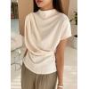 imageOYOANGLE Womens Ruched Draped Front Mock Neck Short Sleeve Solid Tee Shirt TopBeige