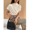 imageOYOANGLE Womens Ruched Draped Front Mock Neck Short Sleeve Solid Tee Shirt TopBeige