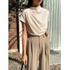 imageOYOANGLE Womens Ruched Draped Front Mock Neck Short Sleeve Solid Tee Shirt TopBeige