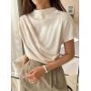 imageOYOANGLE Womens Ruched Draped Front Mock Neck Short Sleeve Solid Tee Shirt TopBeige