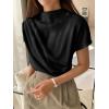 imageOYOANGLE Womens Ruched Draped Front Mock Neck Short Sleeve Solid Tee Shirt TopBlack