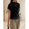 imageOYOANGLE Womens Ruched Draped Front Mock Neck Short Sleeve Solid Tee Shirt TopBlack
