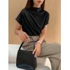 imageOYOANGLE Womens Ruched Draped Front Mock Neck Short Sleeve Solid Tee Shirt TopBlack