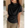 imageOYOANGLE Womens Ruched Draped Front Mock Neck Short Sleeve Solid Tee Shirt TopBlack