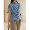 imageOYOANGLE Womens Ruched Draped Front Mock Neck Short Sleeve Solid Tee Shirt TopBlue
